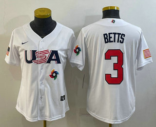 Women%27s USA Baseball #3 Mookie Betts 2023 White World Classic Replica Stitched Jerseys